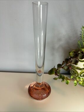 Vintage Pink Art Glass Bud Vase 8.25” 
MCM Controlled Bubble Foot